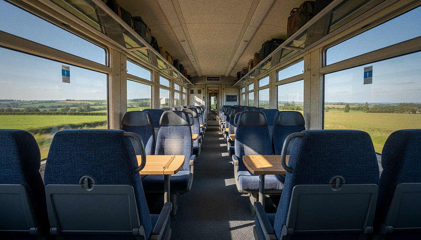 Intérieur confortable d'un wagon de train LNER avec sièges et rangement pour les bagages