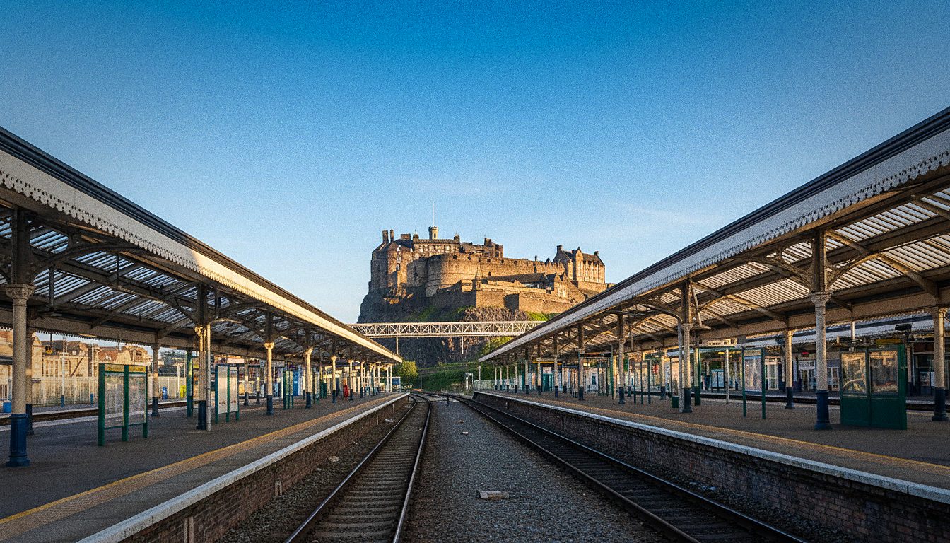 Gare d'Edinburgh Waverley avec le château d'Édimbourg visible en arrière-plan